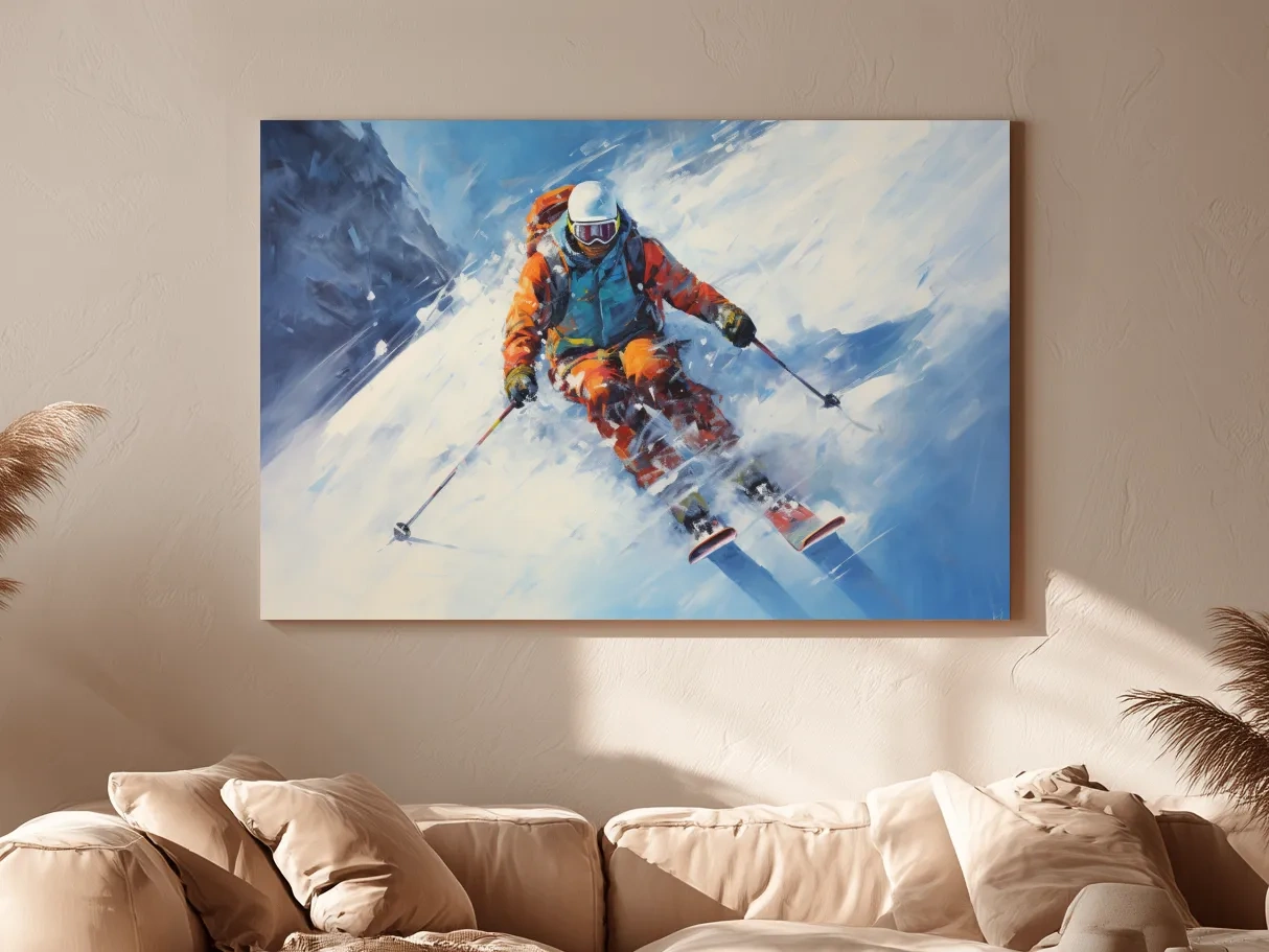 Dynamic Downhill Skier Painting - Snowy Alpine Adventure Wall Art