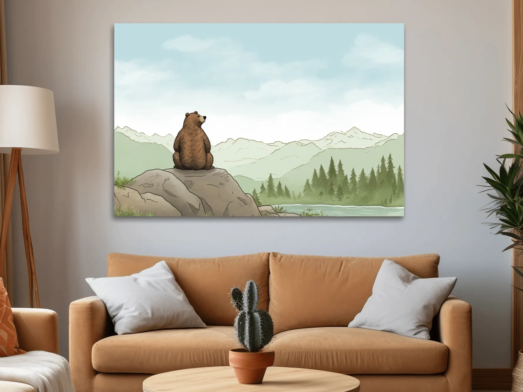 Illustration of a bear chilling on a rock, nursery artwork