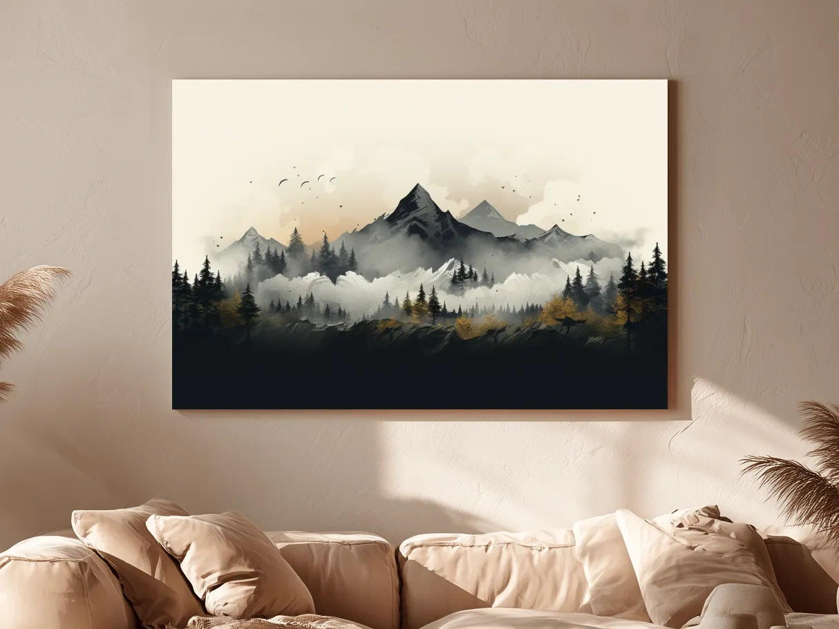 Misty Mountain Range With Pine Forest Illustration - Moody Landscape Wall Art