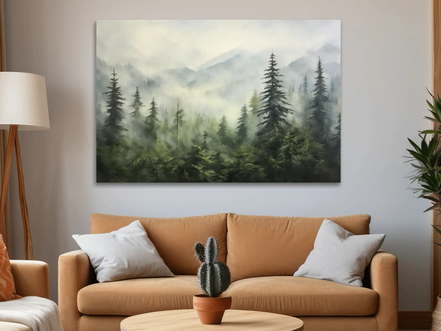 Misty Evergreen Forest Mountains Watercolor - Serene Foggy Landscape Artwork