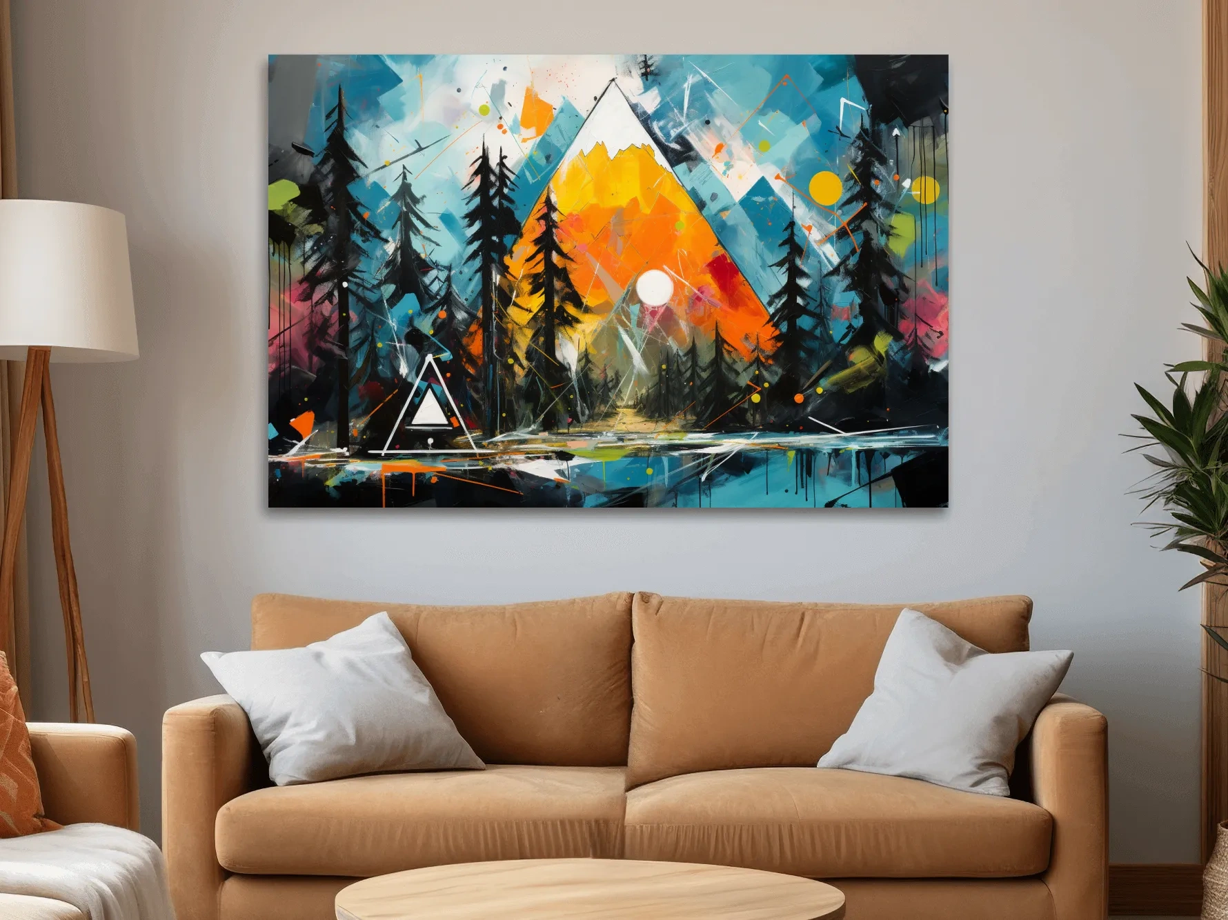 Vibrant Abstract Mountain Sunrise With Pine Forest - Energetic Landscape Wall Art