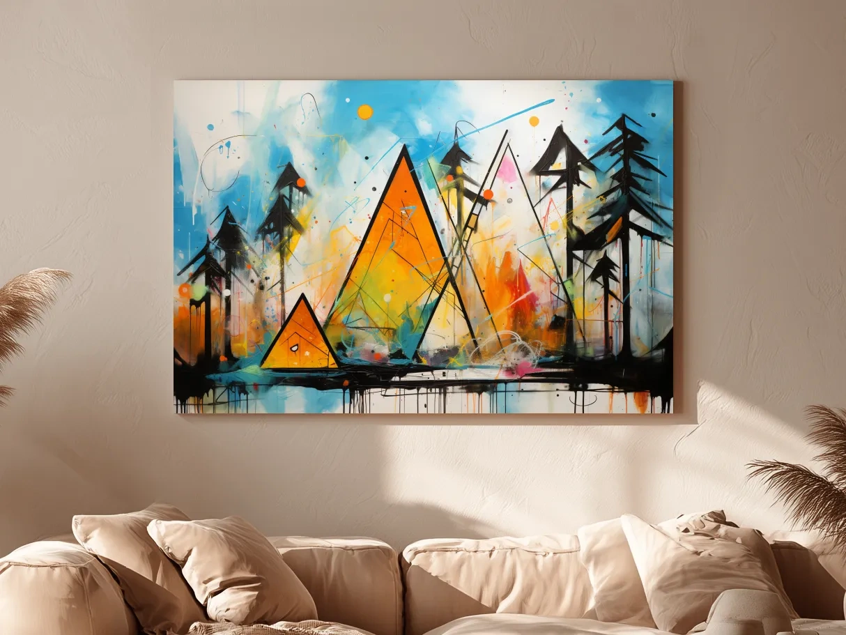 Vibrant Abstract Mountain Peaks And Pines - Colorful Mixed Media Wall Art