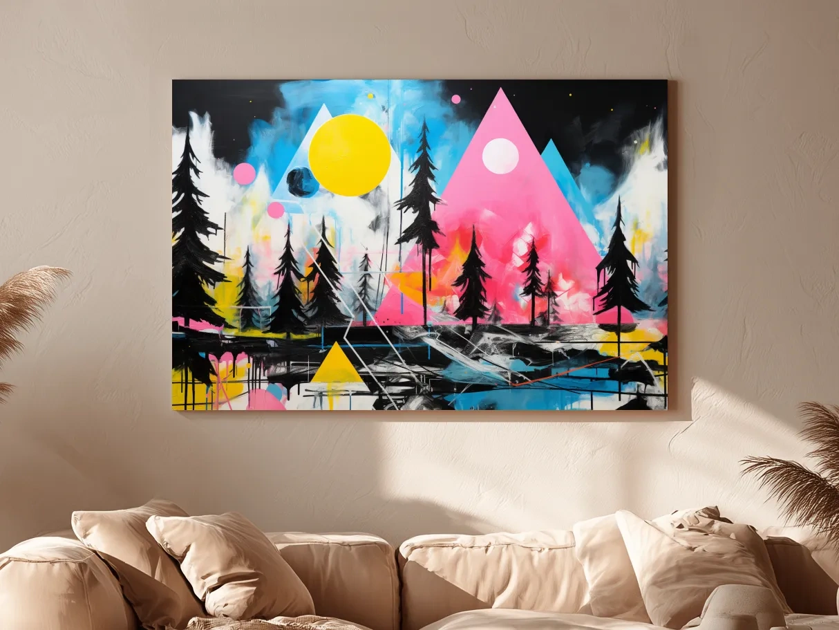 Neon Geometric Mountain Forest Painting - Vibrant Abstract Wall Art