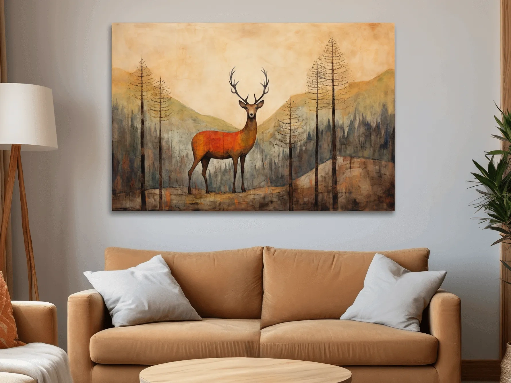Rustic Woodland Stag Watercolor Painting - Autumn Mountain Forest Wildlife Wall Art