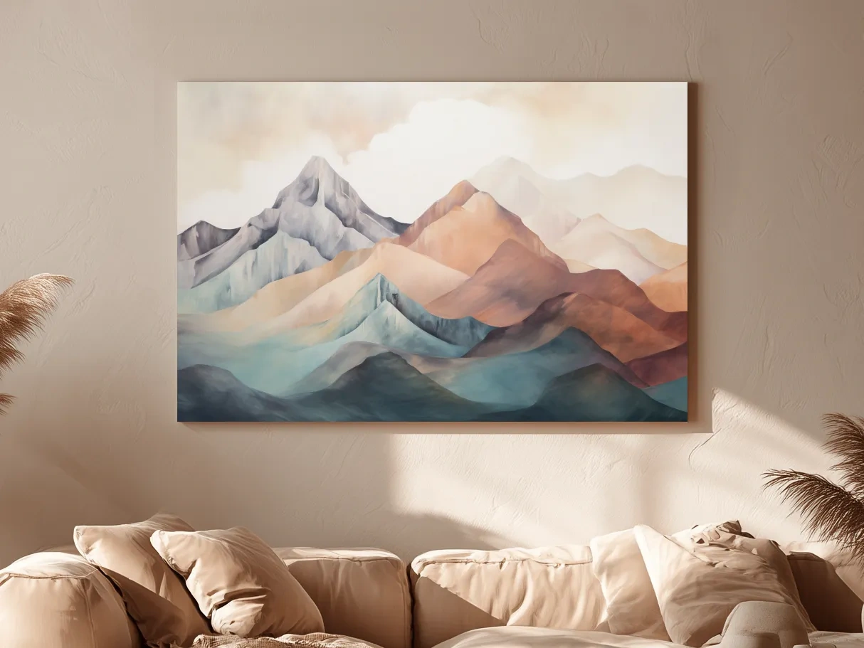 Abstract Watercolor Mountain Range Landscape - Serene Pastel Alpine Wall Art