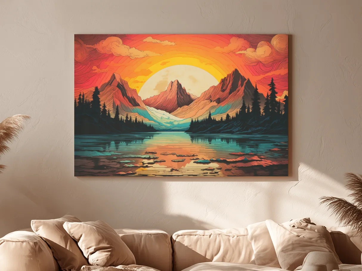 Vibrant Retro Alpine Lake Sunset - Stylized Mountain Wall Art