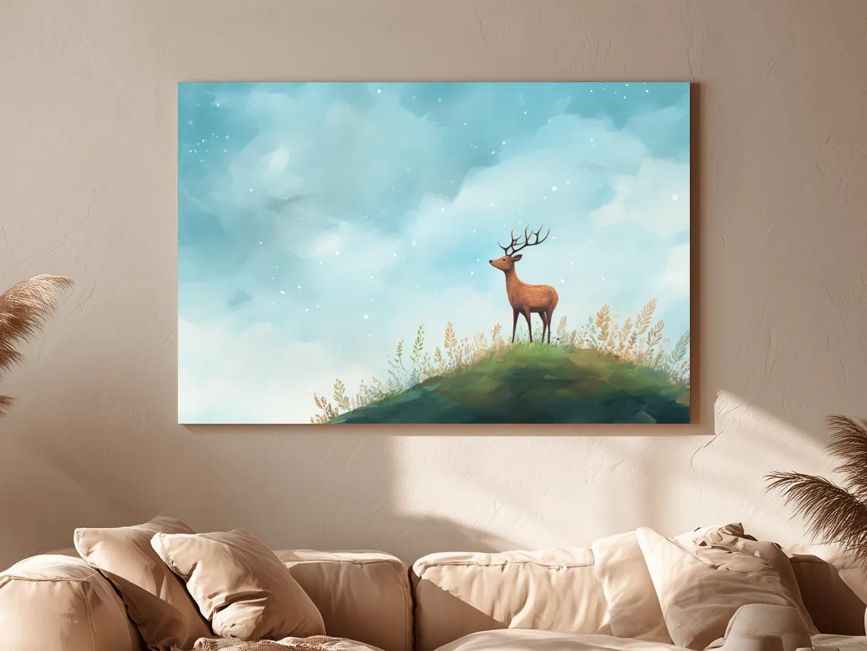 Whimsical Watercolor Stag On Meadow Hill - Nursery Woodland Wildlife Wall Art