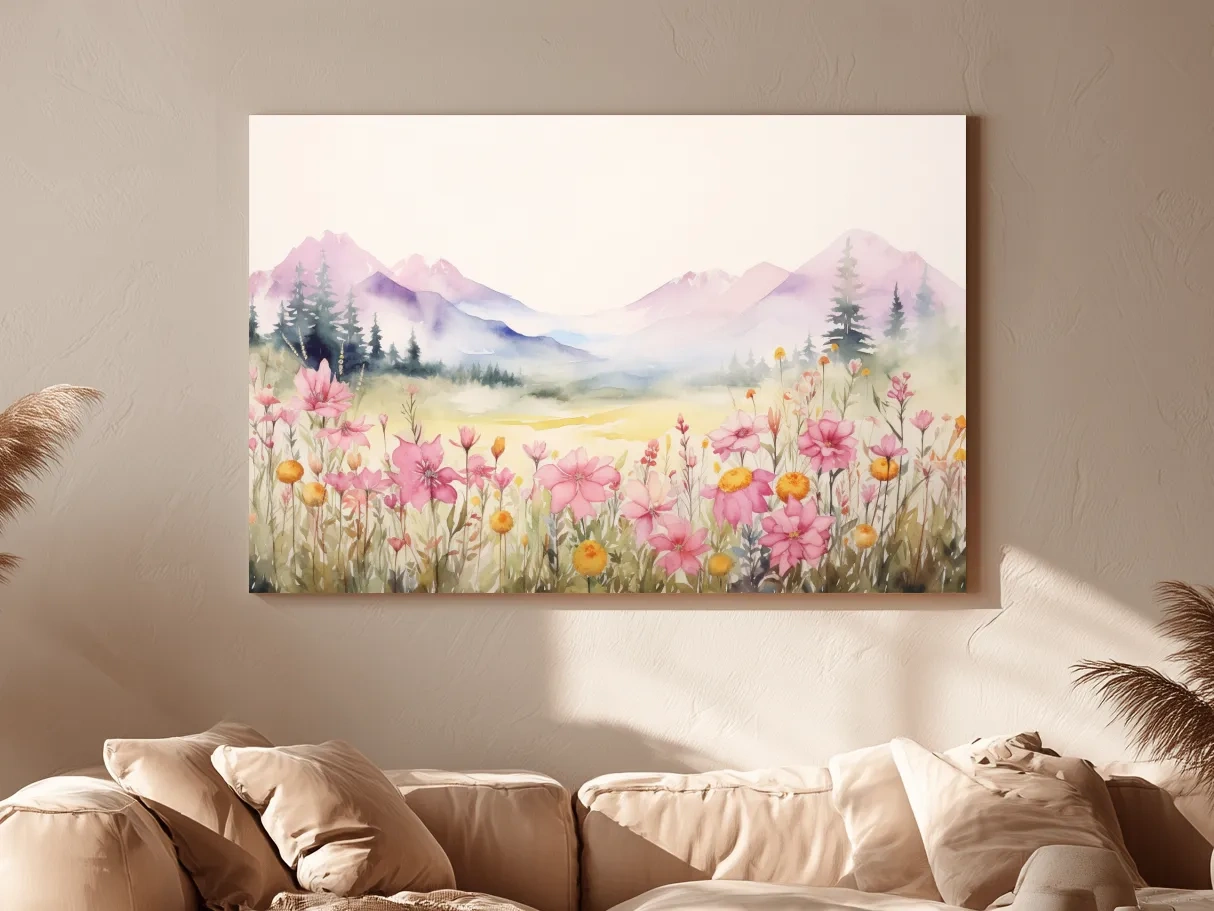 Pastel Wildflower Meadow Mountains Watercolor - Serene Alpine Wall Art