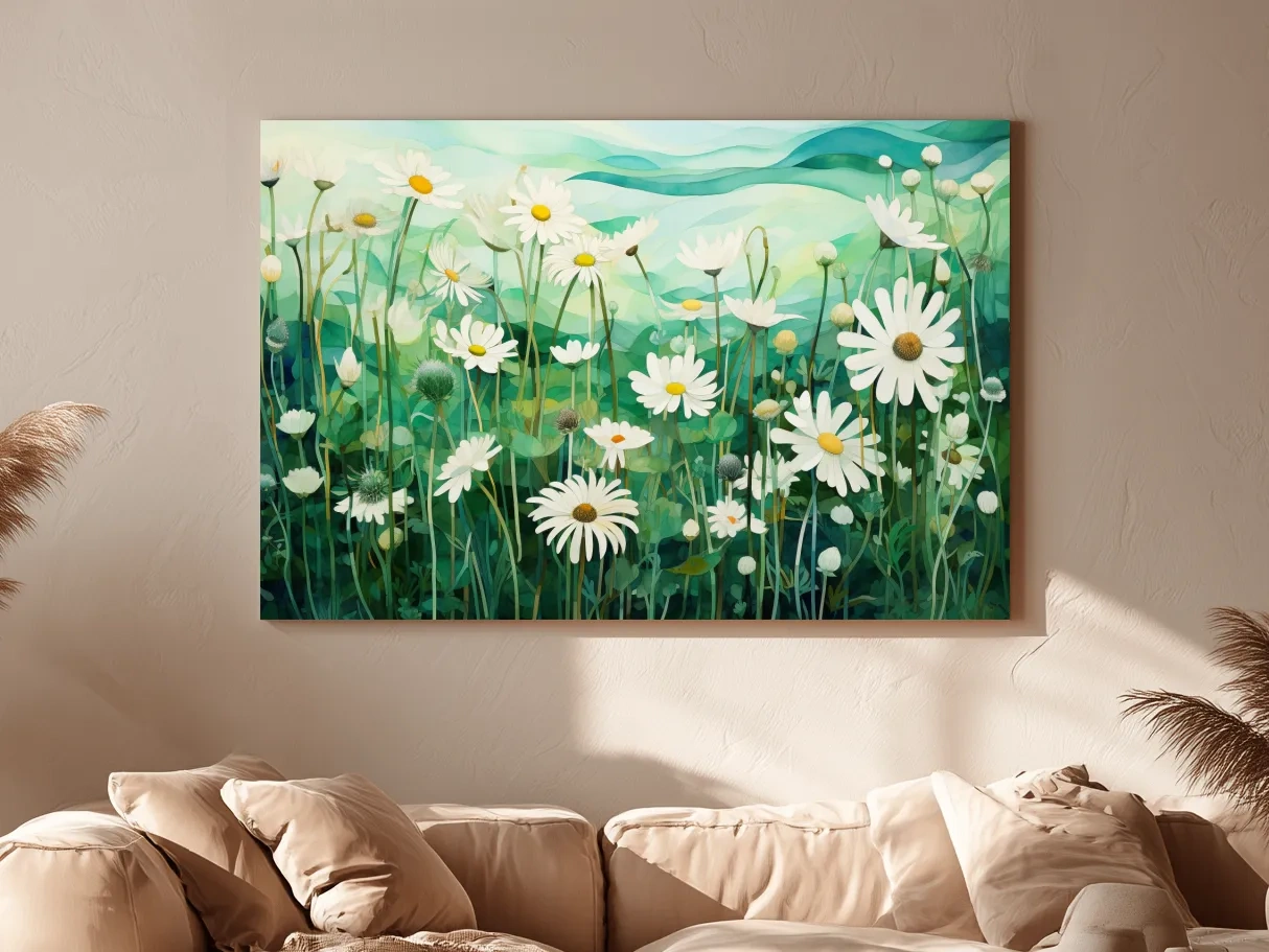 Whimsical Wild Daisy Meadow Landscape - Botanical Watercolor Style Wall Art
