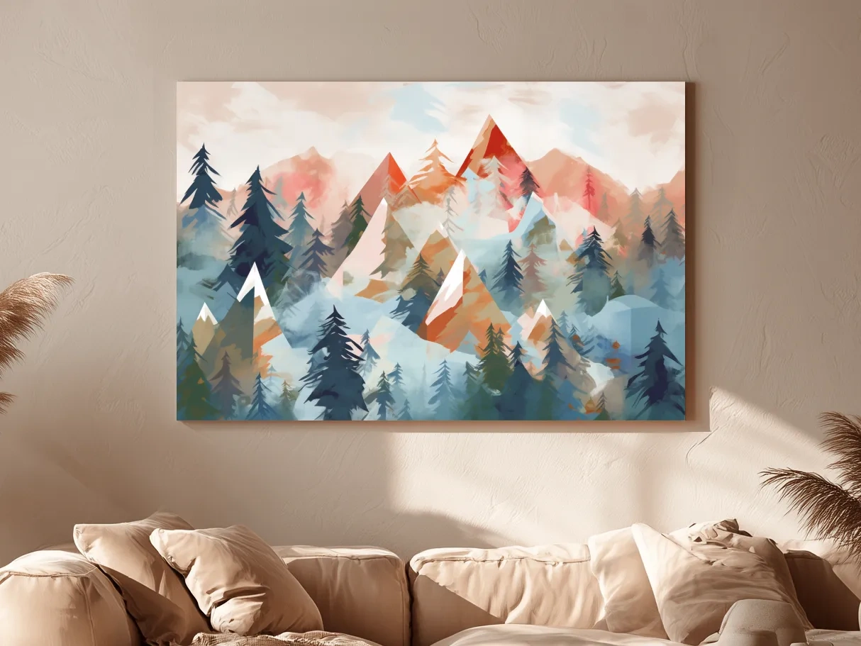 Abstract Watercolor Alpine Mountains And Pine Forest - Modern Geometric Landscape Wall Art