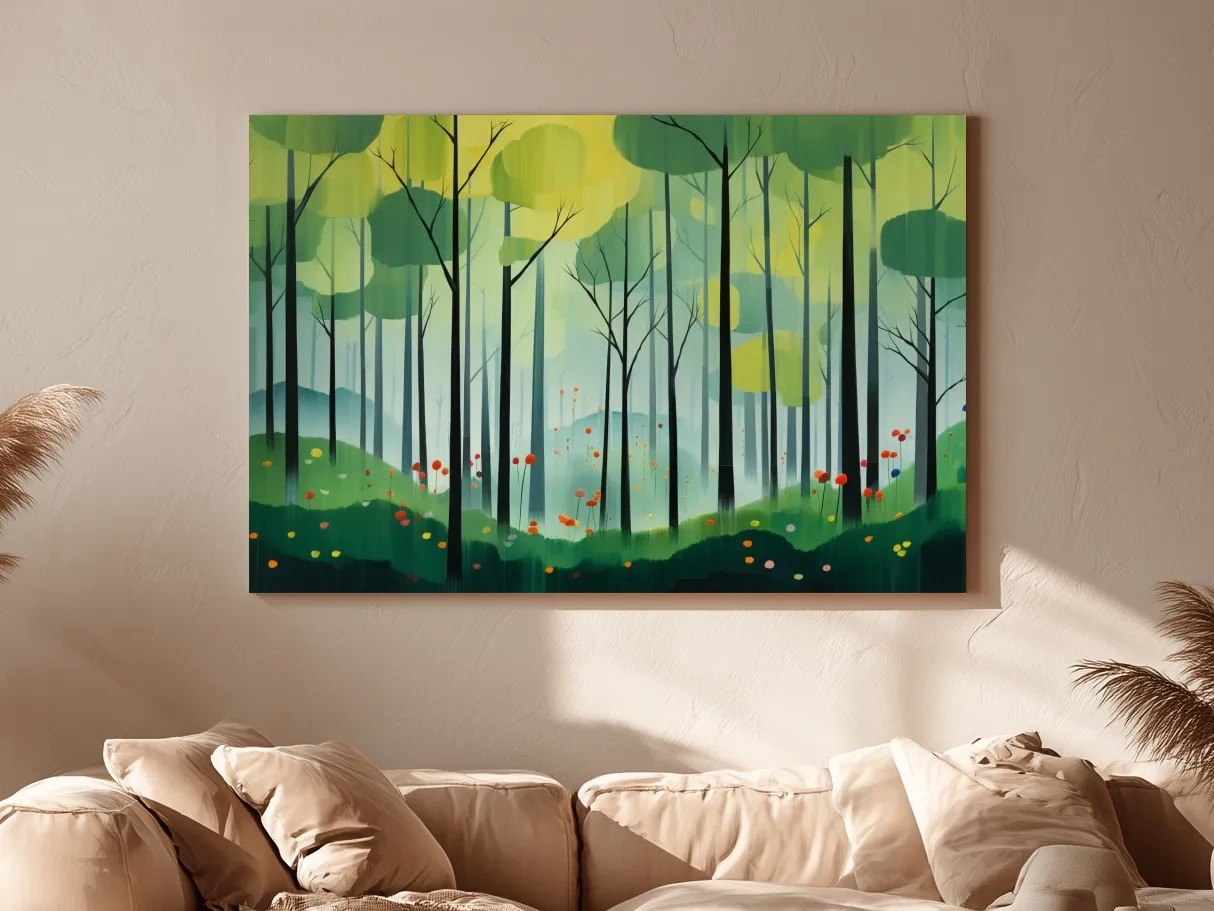 Whimsical Misty Forest Grove Illustration - Woodland Landscape Wall Art