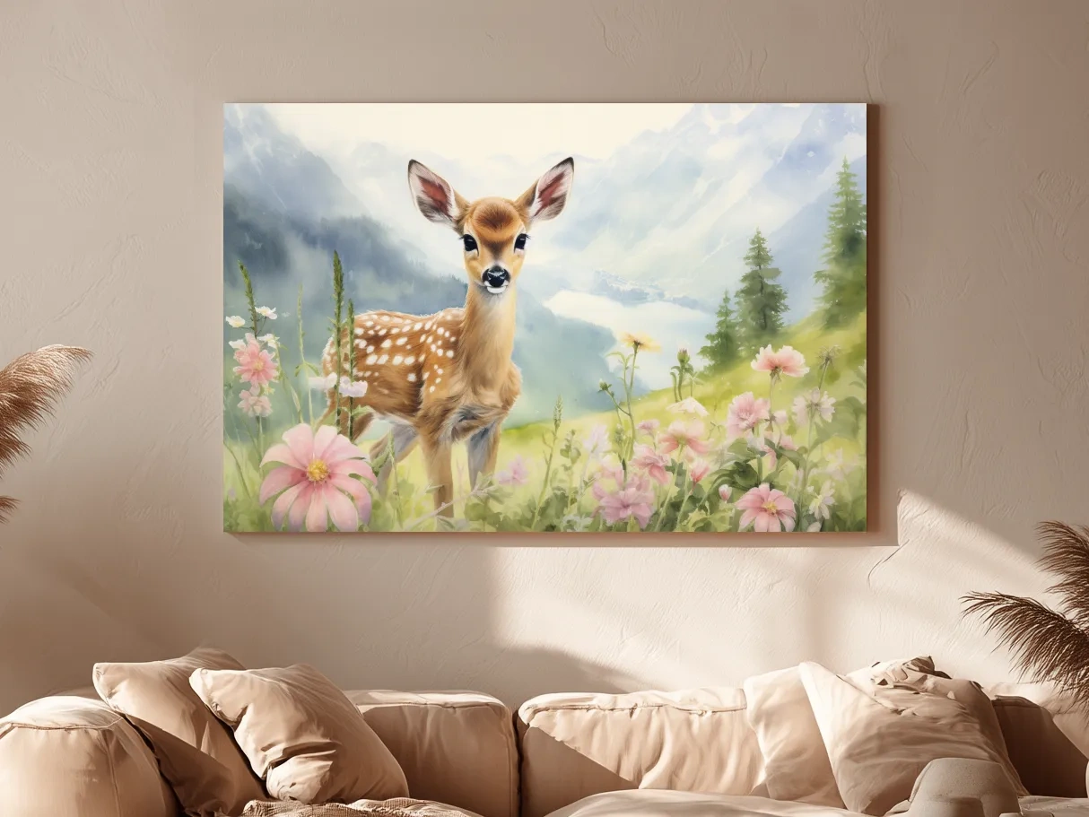 Watercolor Fawn In Wildflowers - Pastel Alpine Meadow Nursery Wall Art