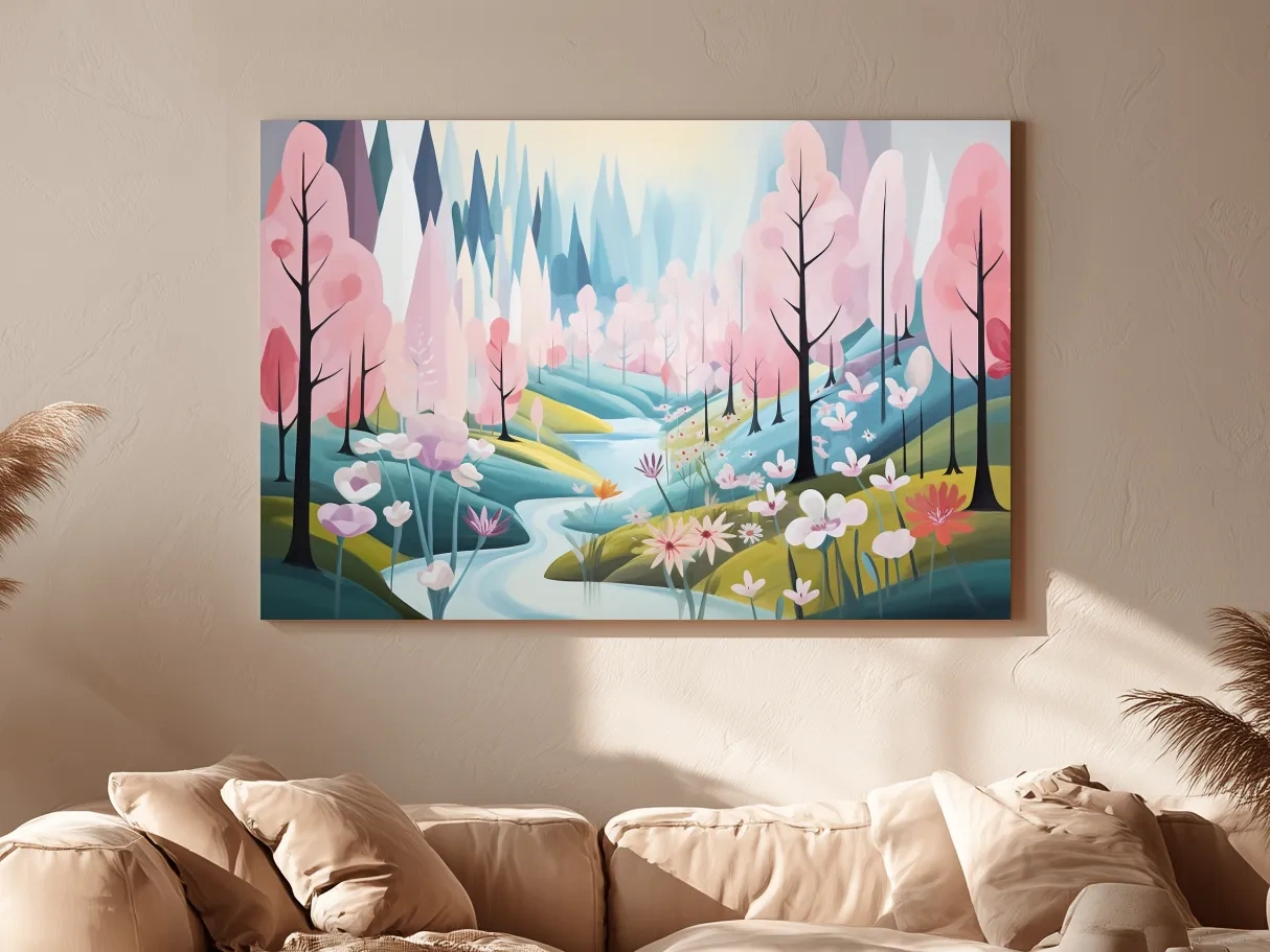 Dreamy Pastel Pink Blossom Forest - Whimsical Floral Landscape Wall Art