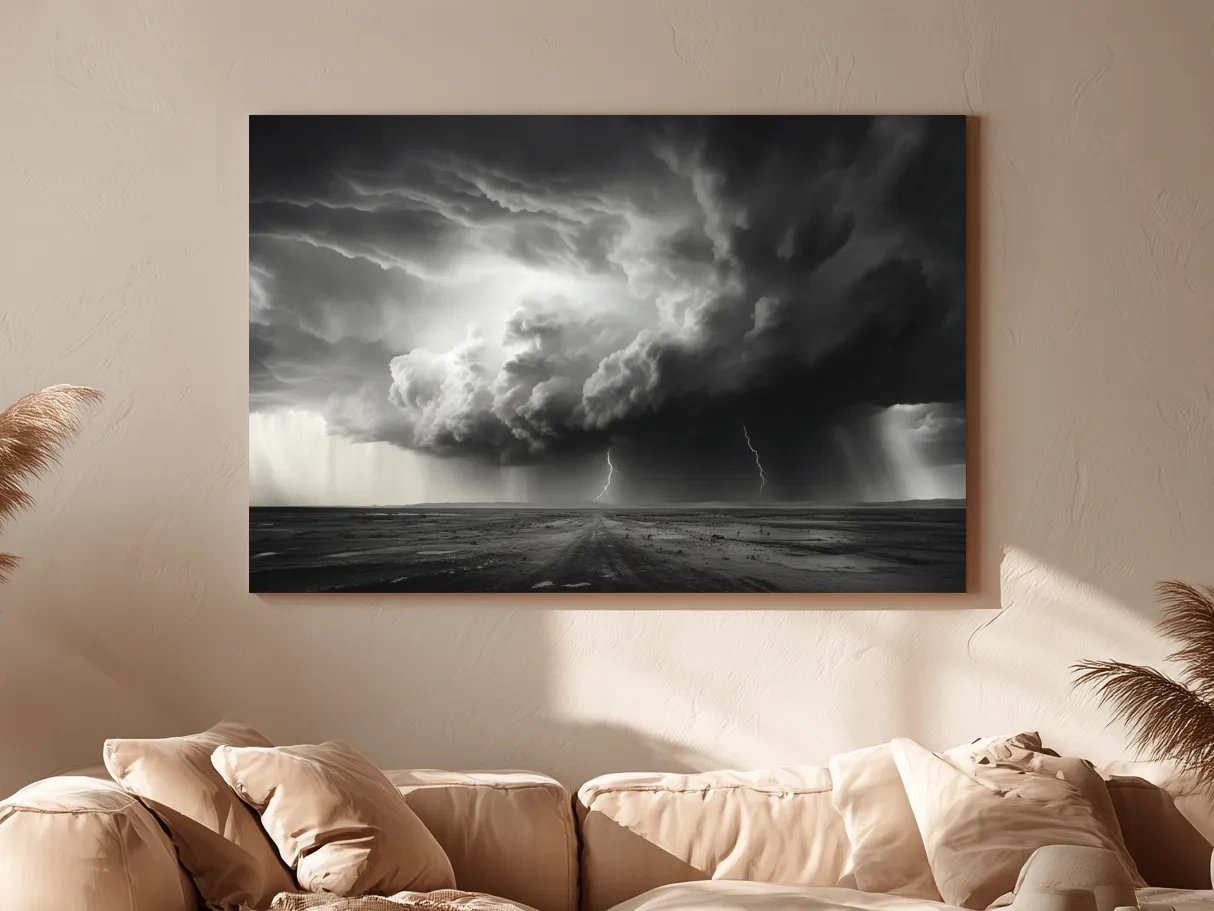 Moody Monochrome Thunderstorm Lightning Landscape - Dramatic Storm Cloud Wall Art