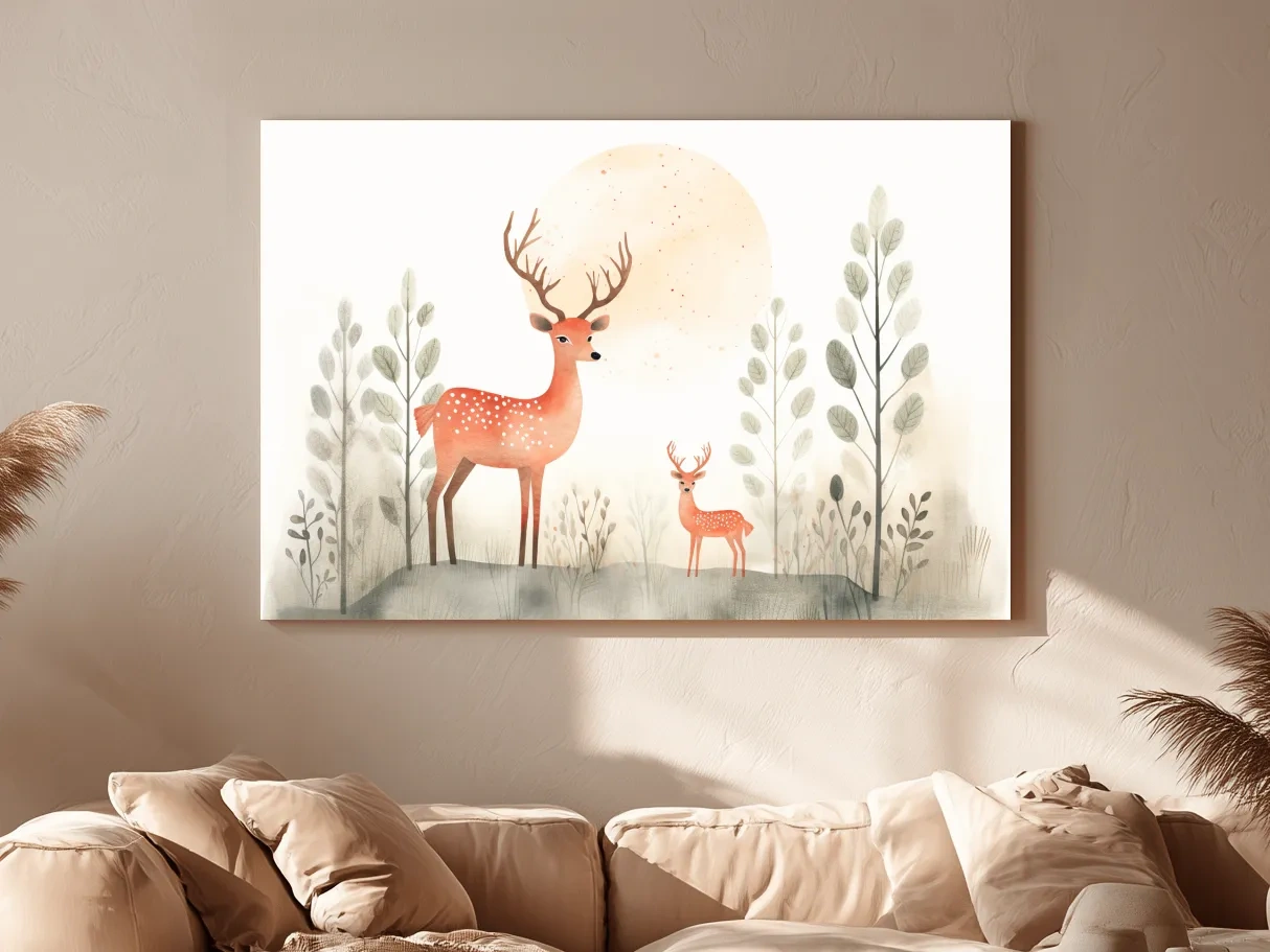 Whimsical Watercolor Deer Family Illustration - Scandinavian Nursery Forest Wall Art