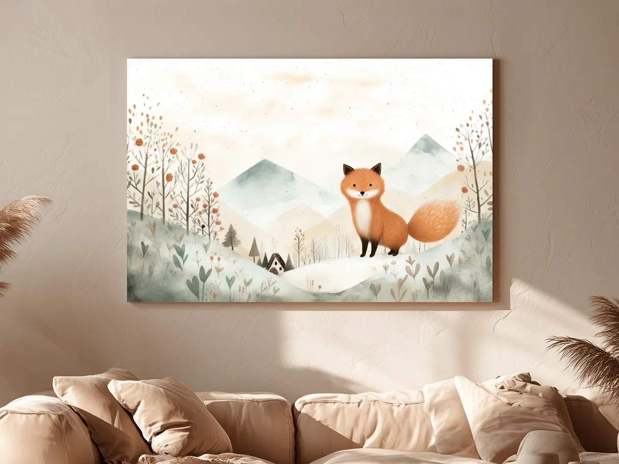 Whimsical Watercolor Fox In Pastel Mountains - Cute Nursery Animal Wall Art