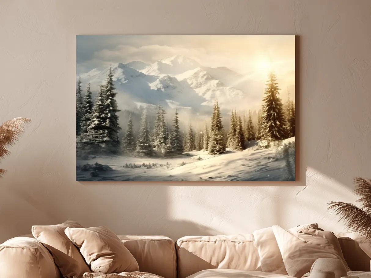 Golden Sunrise Snowy Mountain Landscape - Serene Winter Pine Forest Wall Art