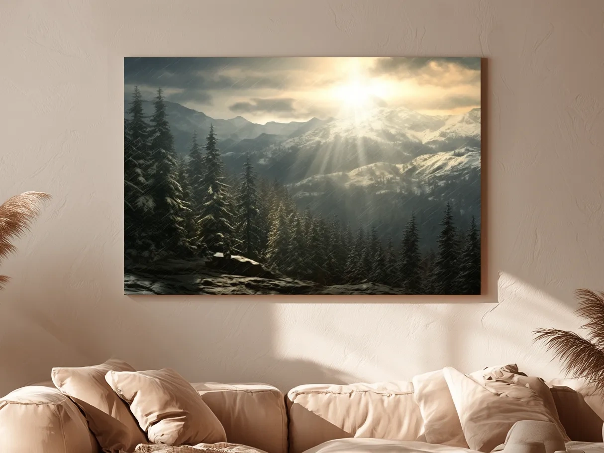 Mountain Snowstorm Sunrise Over Pine Forest - Dramatic Winter Landscape Artwork