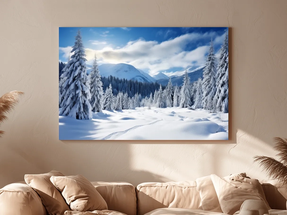 Snowy Alpine Mountain Forest Landscape - Winter Wilderness Photographic Wall Art