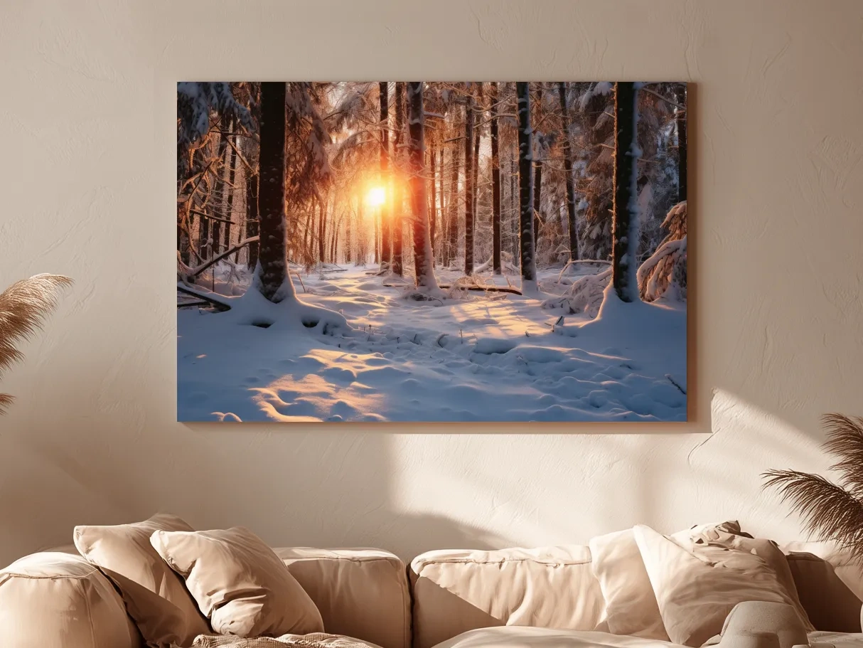 Golden Winter Sunrise Snowy Forest - Serene Nature Landscape Wall Art