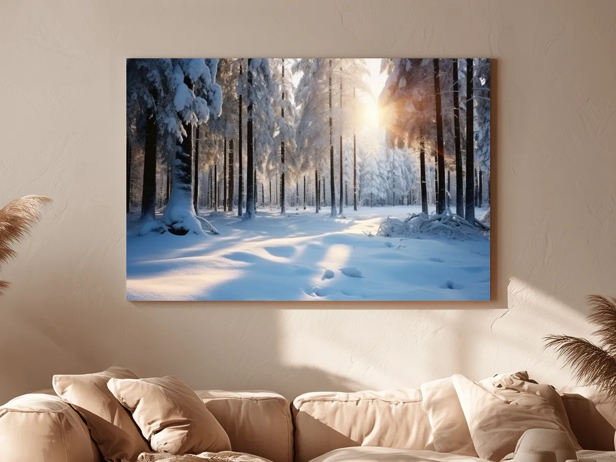 Sunlit Snowy Pine Forest Landscape - Serene Winter Nature Wall Art