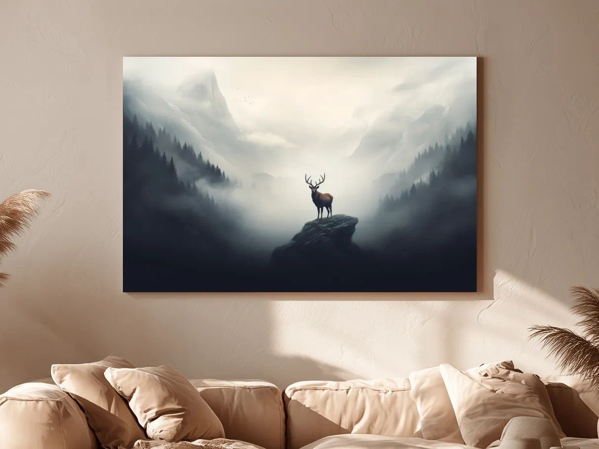 Majestic Stag On Rocky Peak - Misty Mountain Forest Wall Art