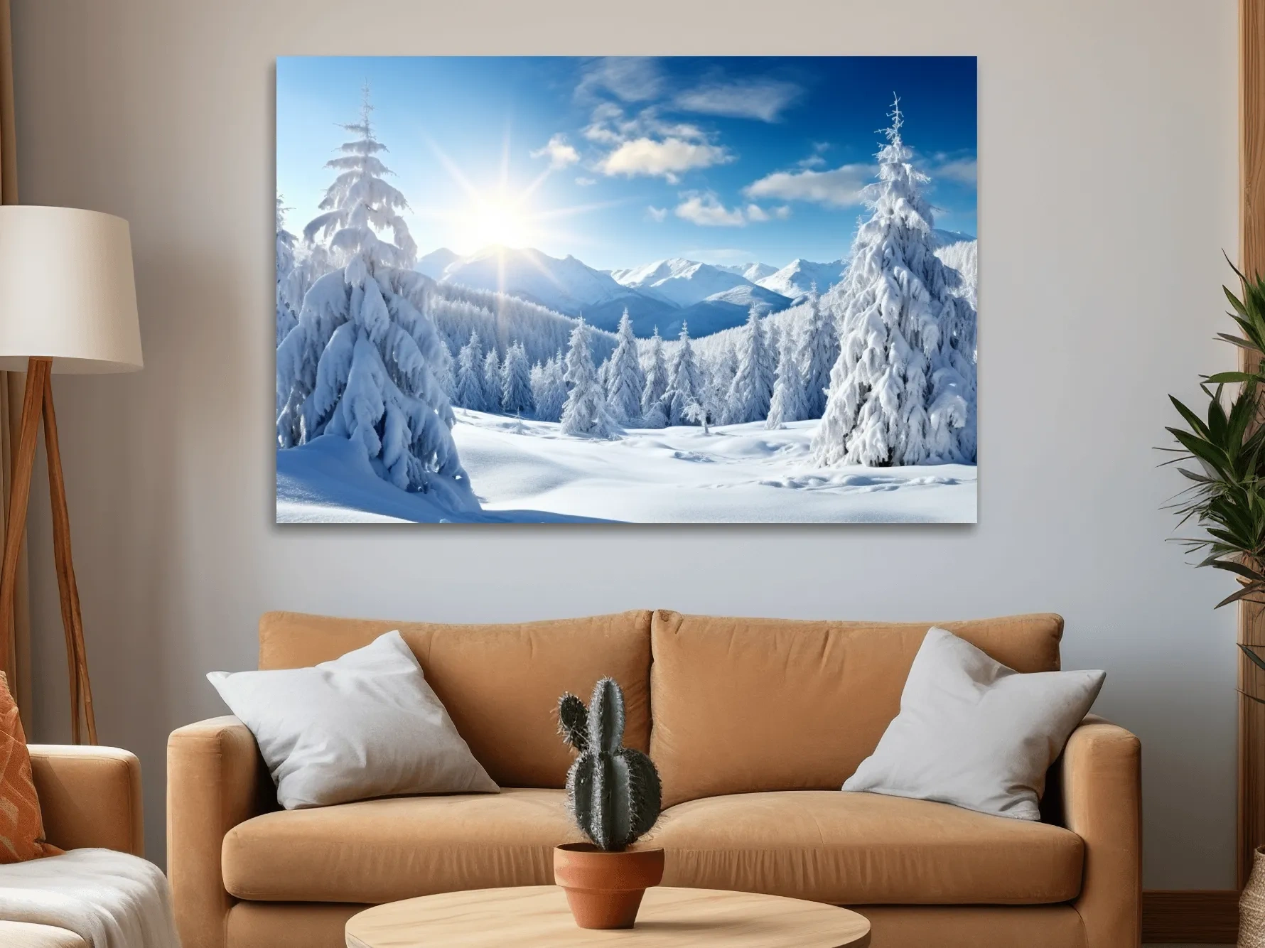 Photograph of a snow covered forest and a clear blue sunny sky
