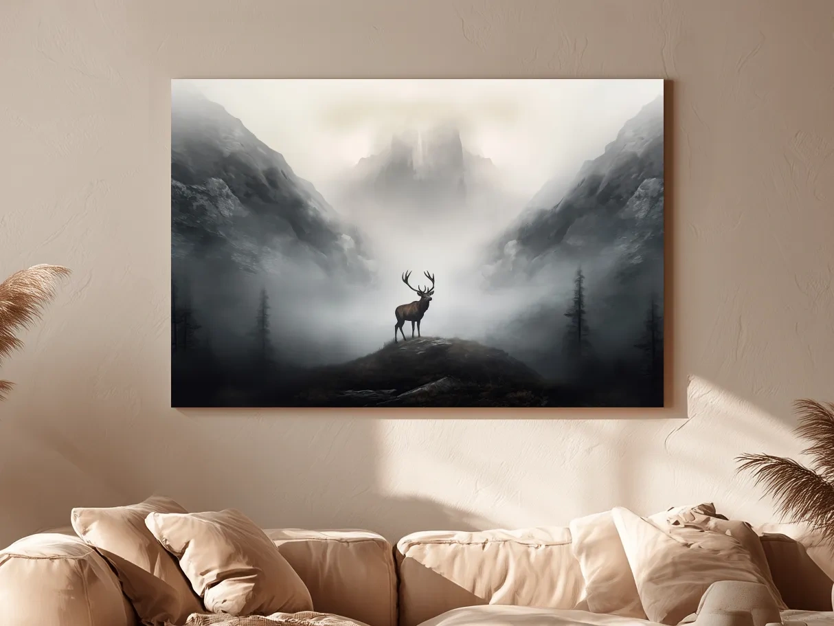 Moody Misty Mountain Stag Silhouette - Atmospheric Wildlife Landscape Art