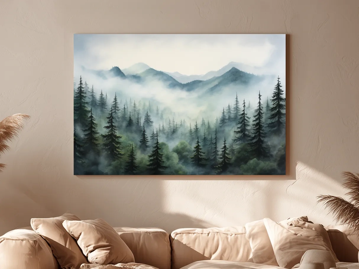 Misty Alpine Forest Painting - Foggy Mountain Landscape Art