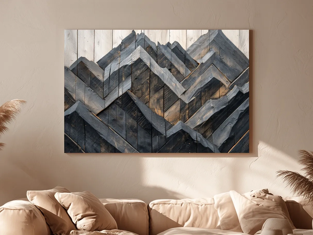 Geometric Wood Mountain Mosaic - Modern Rustic Landscape Wall Art