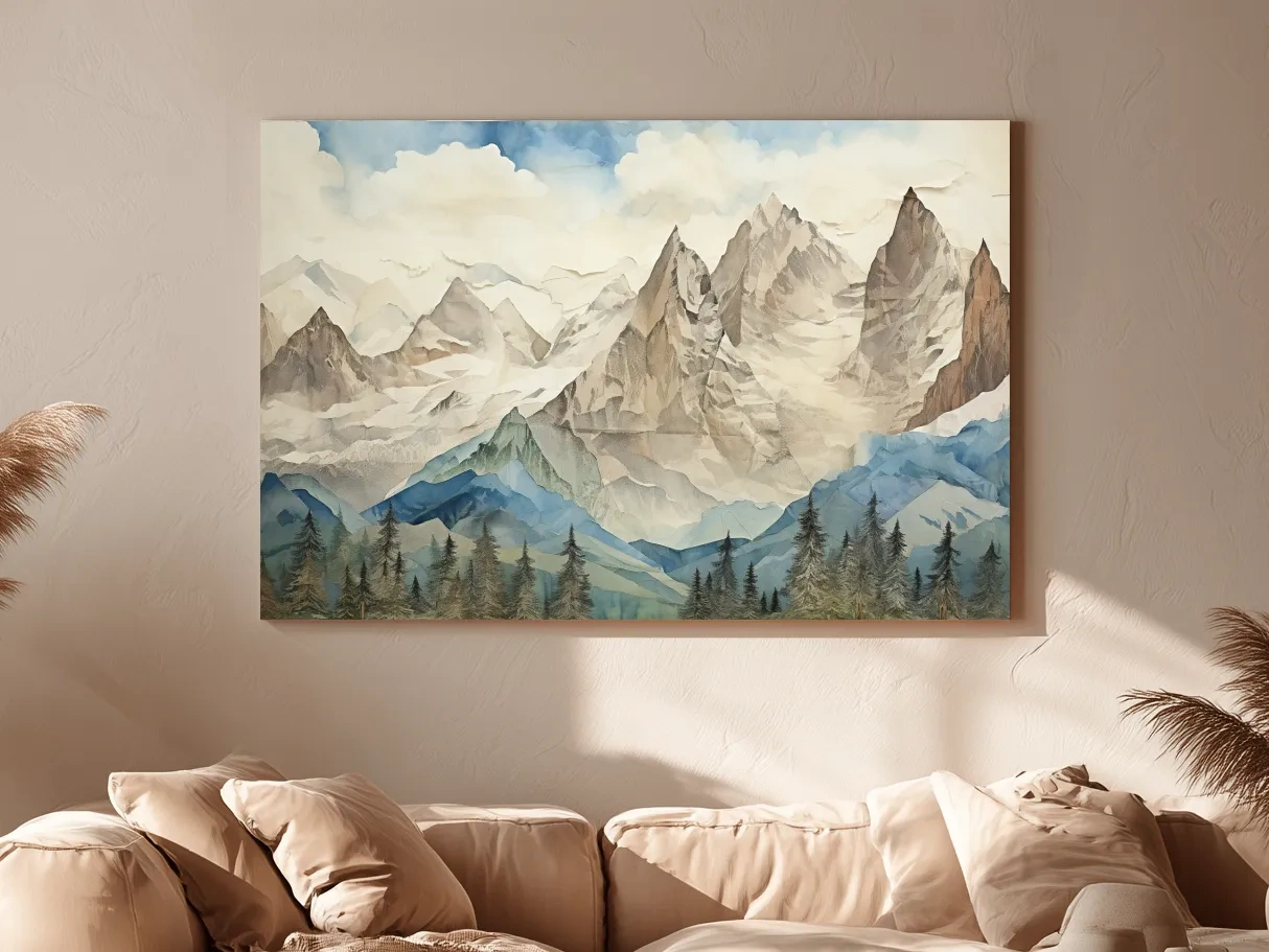 Misty Paper Cut-out Alpine Mountain Range - Serene Forest Landscape Wall Art