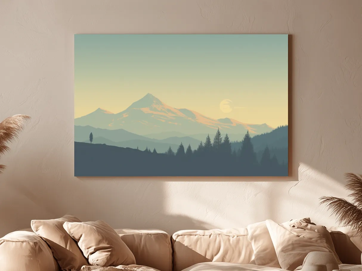 Minimalist Misty Mountain Sunrise Landscape - Serene Alpine Forest Wall Art