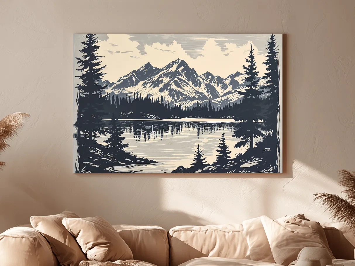 Vintage Alpine Lake Mountain Illustration - Monochrome Linocut Style Artwork