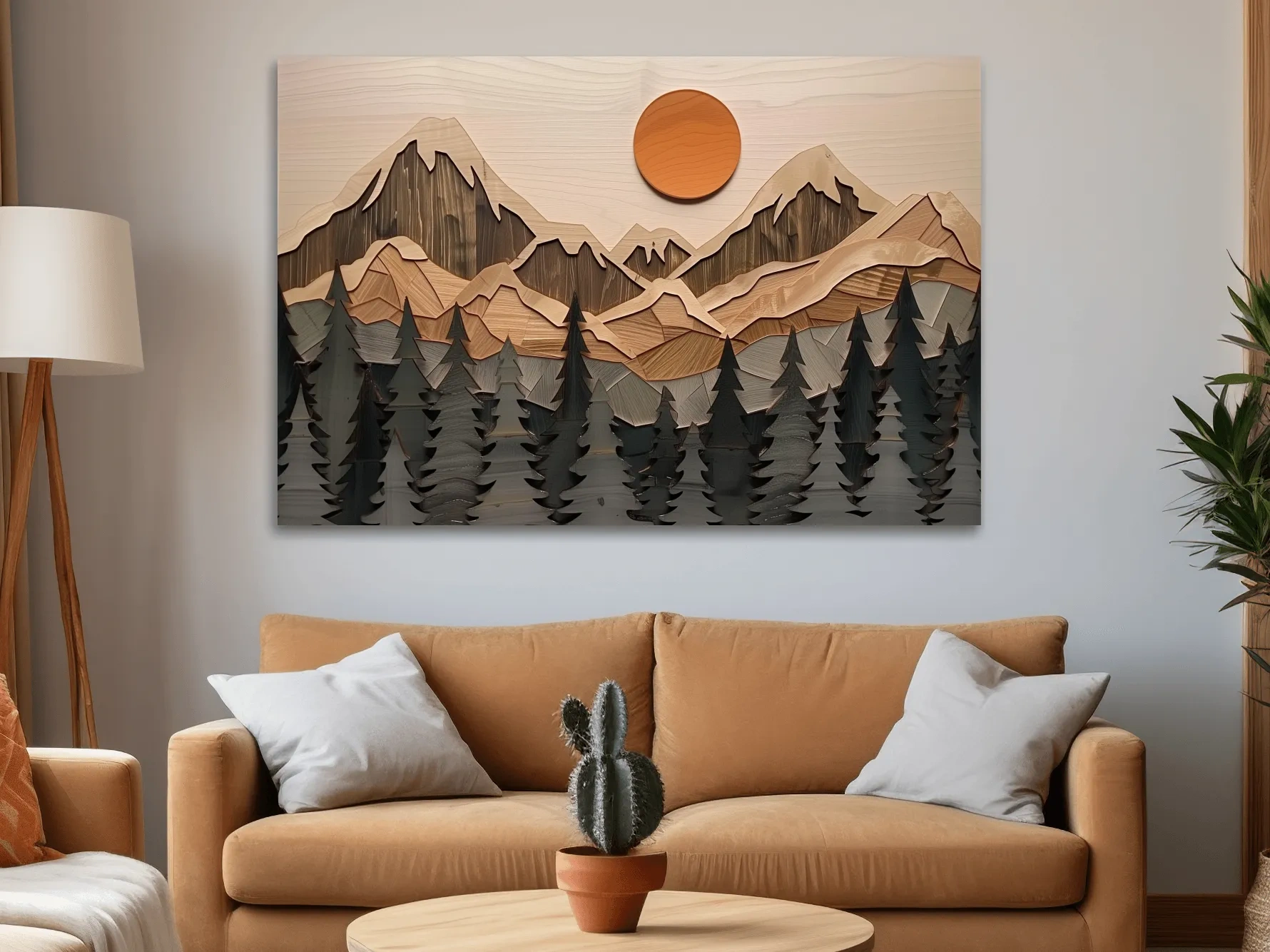 Rustic Geometric Wood Grain Mountain Sunrise - Pine Forest Landscape Wall Art