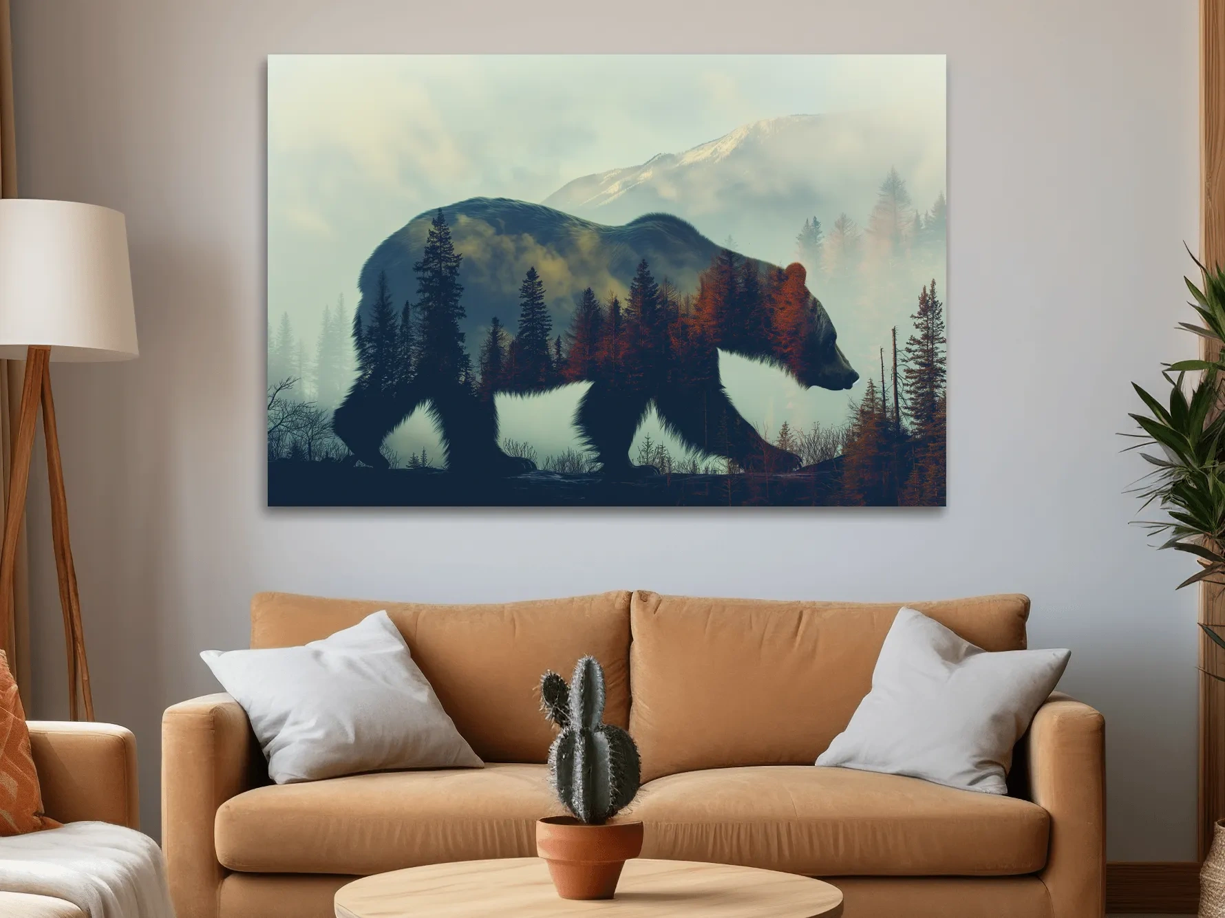 Double exposure photographic artwork of a beer silhouette in the mountains