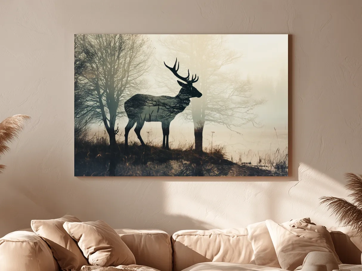 Misty Deer Silhouette Forest Landscape - Double Exposure Wildlife Photography Wall Art