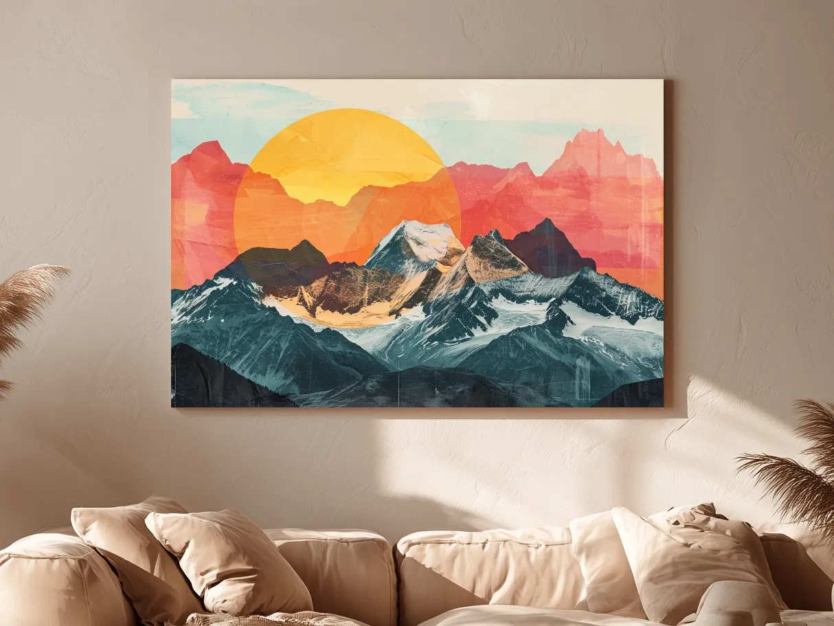 Abstract Alpine Mountains With Golden Sun - Modern Collage Landscape Artwork
