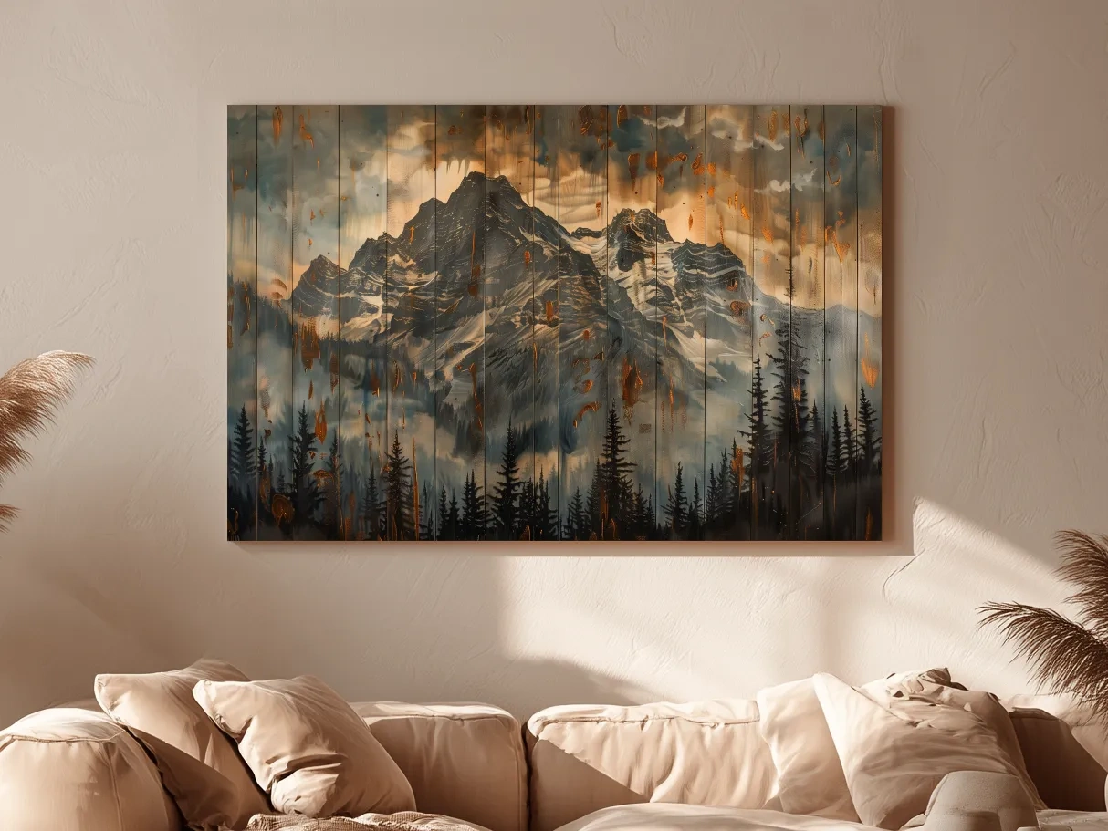 Rustic Mountain Range Painting - Alpine Forest Wood Panel Wall Art