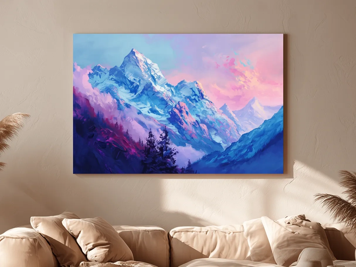 Vibrant Impressionism Alpine Mountain Painting - Colorful Snowy Peaks Wall Art
