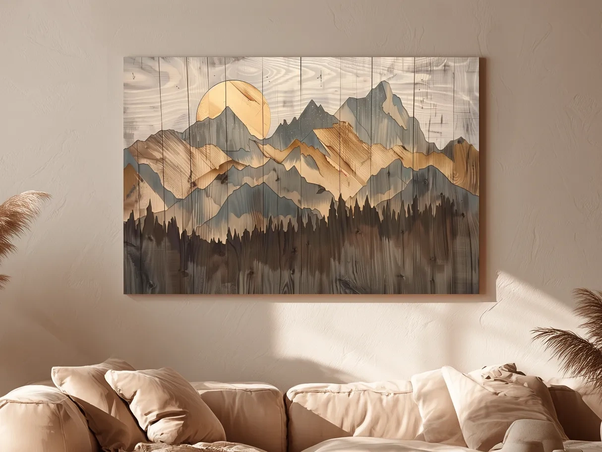 Rustic Mountain Range Sunrise - Woodgrain Style Forest Wall Art