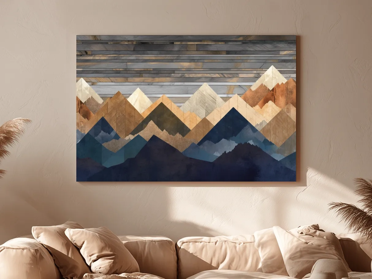 Geometric Layered Mountain Peaks - Rustic Wood Texture Abstract Wall Art