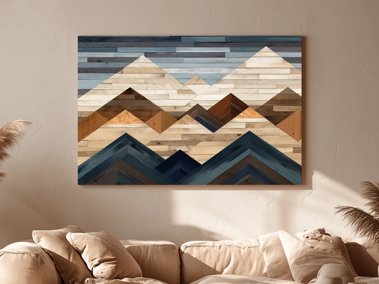 Geometric Reclaimed Wood Mountain Peaks - Modern Rustic Landscape Artwork