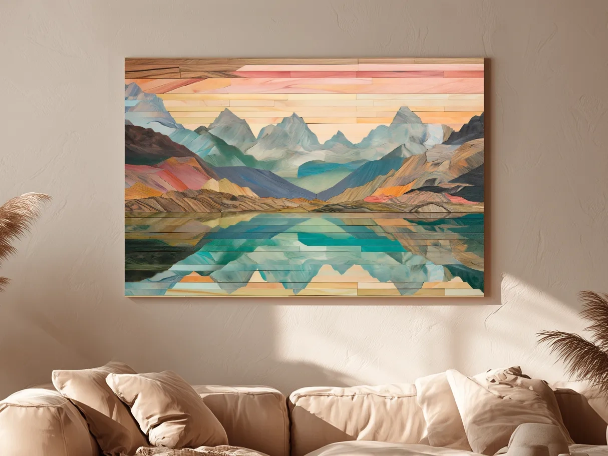 Alpine Lake Mountain Reflection - Layered Wooden Style Landscape Wall Art