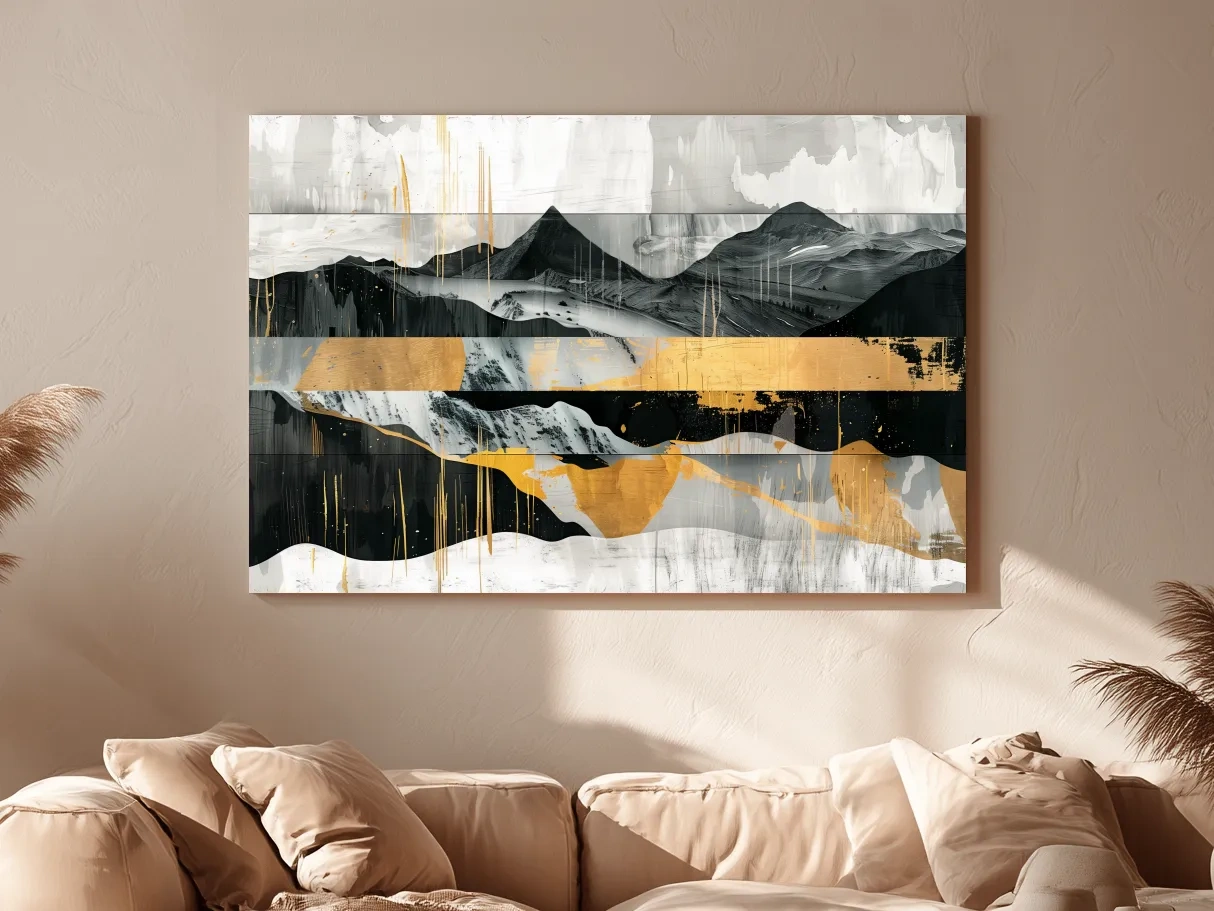 Abstract Monochrome Mountain Range With Gold Accents - Modern Mixed Media Landscape Wall Art