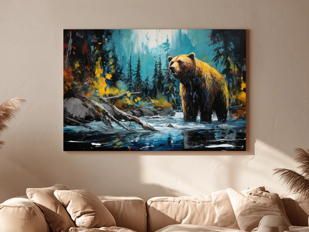 Grizzly Bear Forest River Painting - Vibrant Wildlife Nature Wall Art