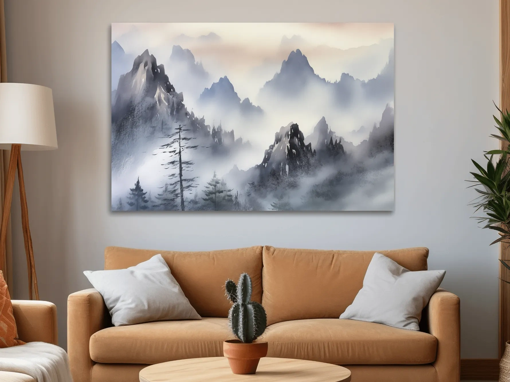 Chinese traditional ink wash style watercolour painting of foggy mountains