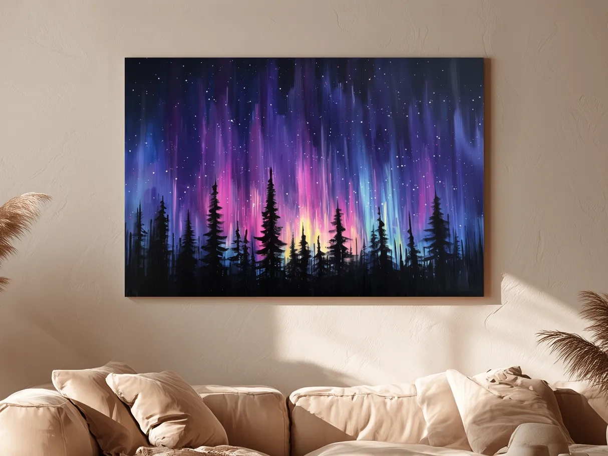 Vibrant Purple Northern Lights & Silhouetted Pine Forest - Aurora Borealis Painting Wall Art