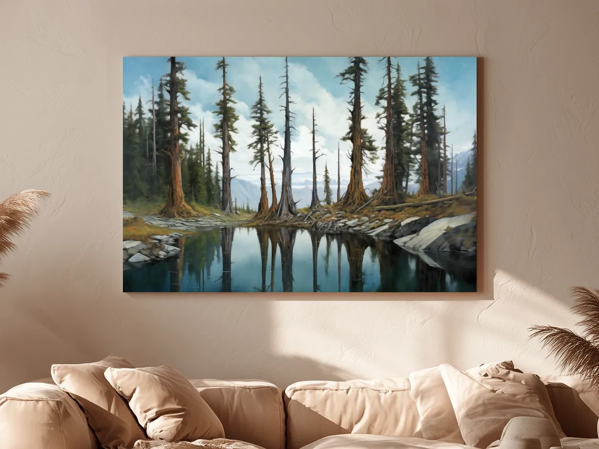 Pine Forest Lake Reflection Painting - Serene Wilderness Landscape Wall Art