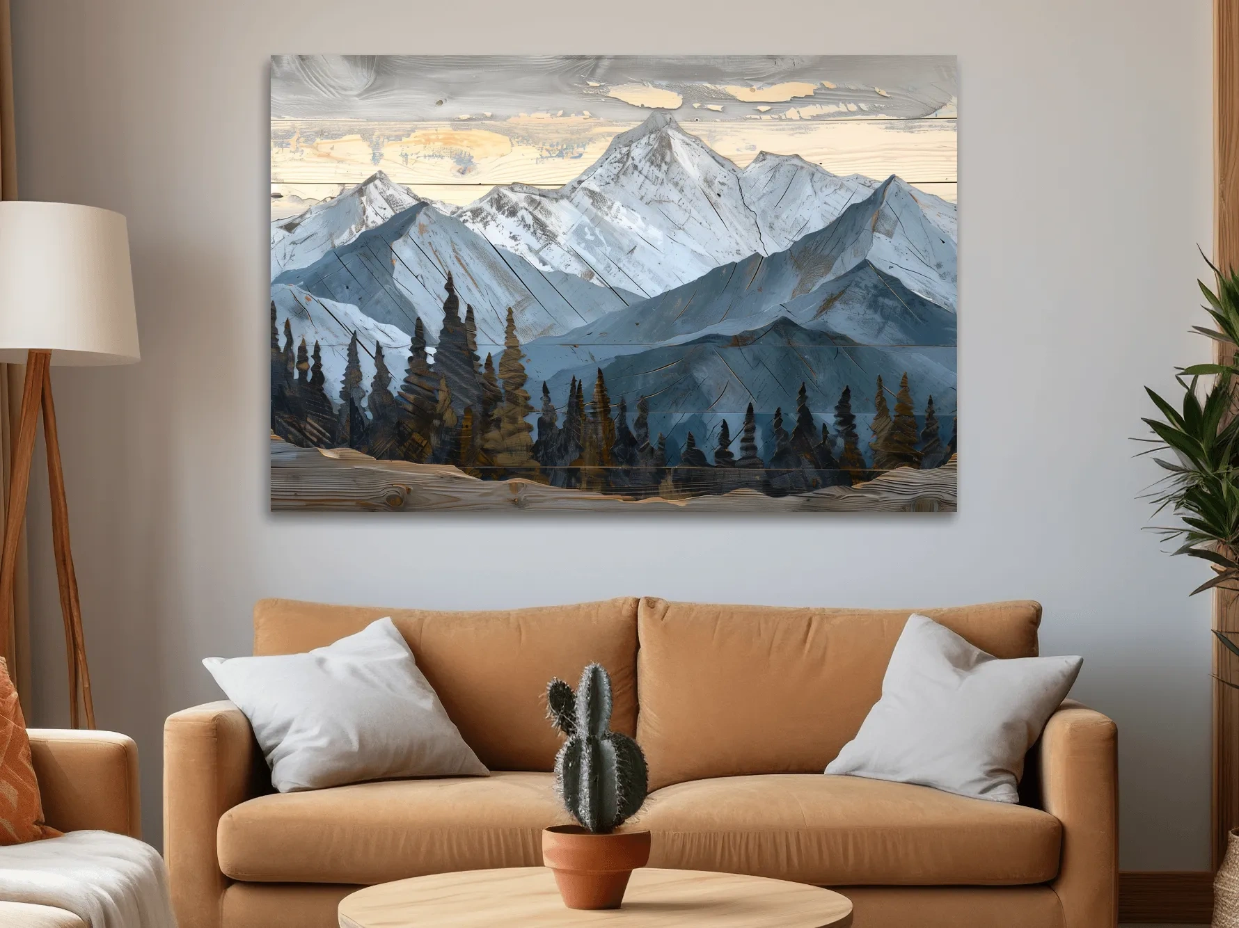 Alpine Forest Mountain Range Artwork - Rustic Woodgrain Landscape Wall Art