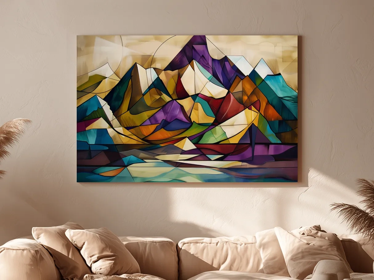 Vibrant Leadlight Style Mountain Range Painting - Abstract Colorful Stained Glass Wall Art